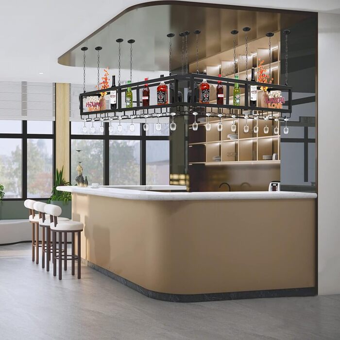 DSVONAUS Ceiling Shelf, Wine Rack, Height-Adjustable Decorative Shelf, Retro Iron and Solid Wood Ceiling Shelf, Single Layer, For Bars/Restaurants/Kitchens (120 * 25 * 100cm)