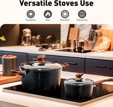 Набір посуду DishDelight 15 предметів: каструлі та сковороди з антипригарним покриттям, індукційні, з граніту, чорного кольору