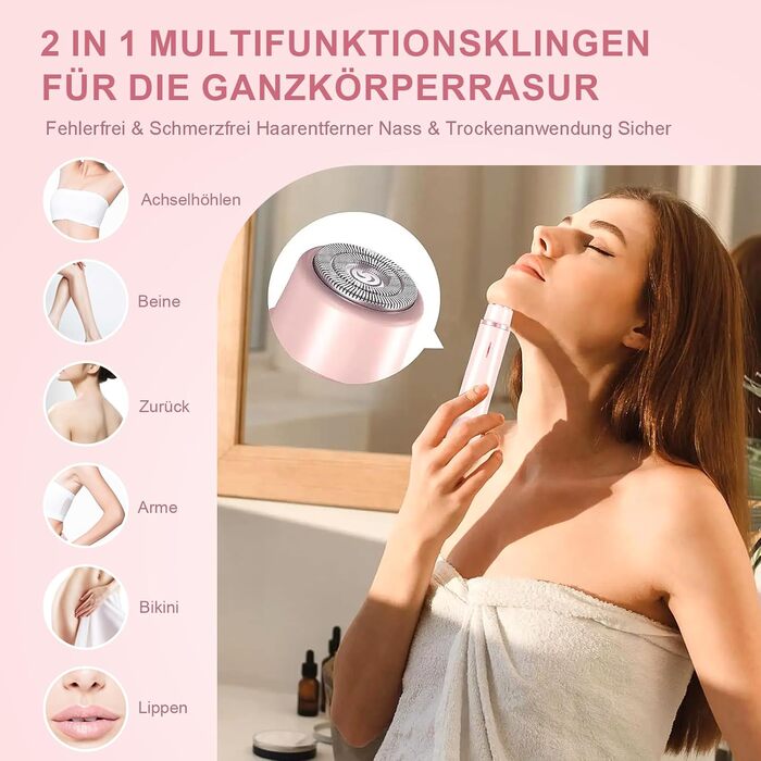 Електричний жіночий епілятор 2-в-1 з USB-C зарядкою, для обличчя, ніг та рук, вологостійкий тример, легкий у чищенні (блакитний/рожевий)