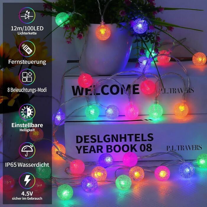 Ланцюжок прикрас RJEDL з 100 LED кулями, 12 м, IP67, з пультом, для декору балкона, вечірки, саду (тепле біле світло)