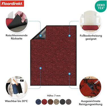 Килимок для підлоги Floordirekt Rhine - миючий, потужний, з антиковзким покриттям - килимок для входу (Sparrow), червоний (меланж), 80x120 см