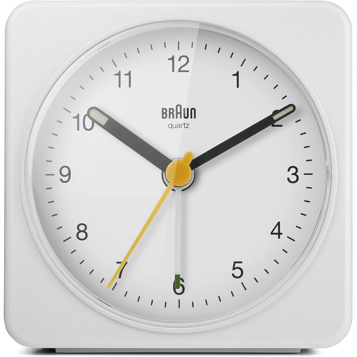 Braun Classic Analog Alarm Clock with Snooze Function and Light, Silent Quartz Movement, Crescendo Alarm, White Model BC03W