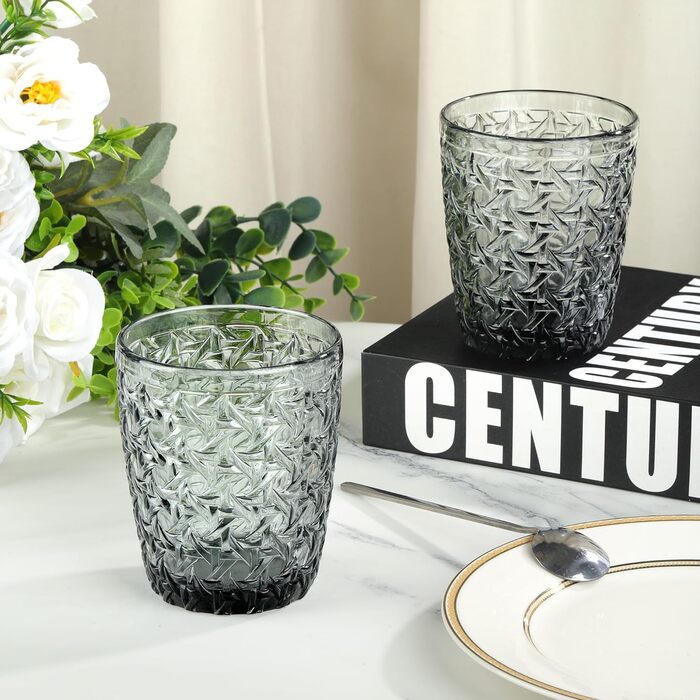 Joeyan 300 ml Gray Water Glasses with Embossed Design, Modern Drinking Glasses Juice Glasses Tumblers, Dishwasher-Safe Glasses Set of 6