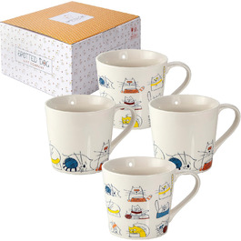 Spotted Dog Gift Company Coffee Mug with Cat Design, Ceramic Mug Set, Cute Coffee Mugs, Cat Kitchen Accessories, Gifts for Cat Lovers, Cat Mom, 4 x 380ml