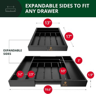 Органайзер для столових приборів ROYAL CRAFT WOOD з бамбука (9 секцій, чорний) - Роздільник для ящиків, тримач для кухонного приладдя