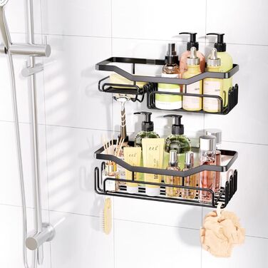 Дзеркальна поличка для душу HapiRm без свердління - органайзер для ванної кімнати та кухні, полиця для душу з 11 гачками, мильниця, тримач для бритви, тримач для шампуню, 3 кріплення, чорний