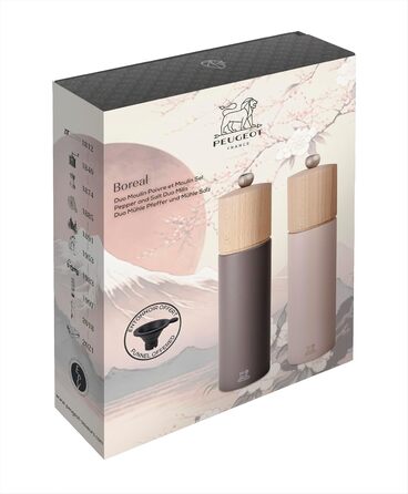 PEUGEOT - Duo Boreal 21 cm Pepper Grinder + Salt Grinder - Stainless Steel Funnel - Classic Setting - PEFC Certified Beechwood - French Know-How - Grey Rock & Pale Pink