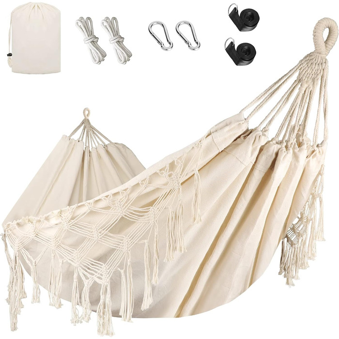 Bellzacasa Large Brazilian Hammock, Fabric Camping Hammock with Portable Bags Ropes for Hanging from Trees Soft Striped Canvas Cotton (Beige)