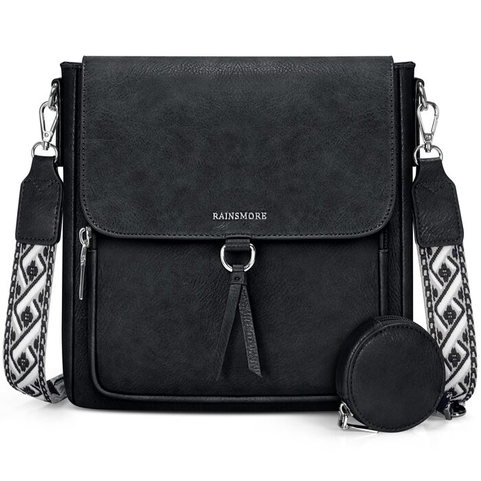 Сумка жіноча RAINSMORE через плече середнього розміру, шкіряна PU, чорна. Кросбоді сумка з широким ременем