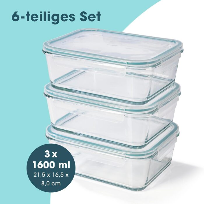 Gourmetmaxx Набір контейнерів для зберігання продуктів Glas-Frischhaltedosen Klick-it 6 шт. (1.6л, сині) - для Meal Prep, мікрохвильовки, морозилки