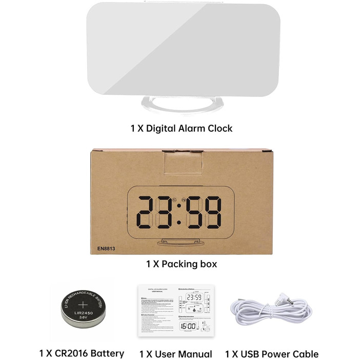 Цифровий годинник SZELAM з LED-дзеркалом 7 дюймів, 2 USB-порти, функція відкладання, автоматичне регулювання яскравості, для дому (білий)