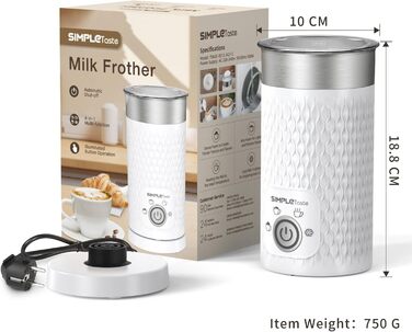 SIMPLETASTE Електричний спінювач молока 4-в-1: нагрів, спінювання гарячого/холодного молока, автоматичне вимкнення, білий