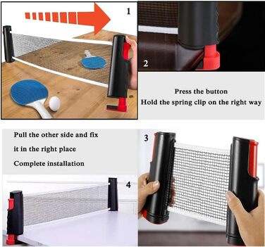 Мережа для настільного тенісу, висувна, 190 см (макс), портативна, замінна, для столу, офісу, їдальні (чорний, червоний)
