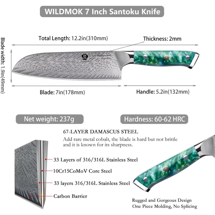 Японський кухонний ніж Santoku WILDMOK 17 см, сталь VG10 Дамаск, зелена рукоятка, професійний ніж для кухні