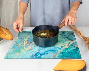 Скляна дошка для нарізання 40x30 см – гігієнічна скляна дошка з термостійкого скла, стійка до подряпин та ковзання – скляна плита для кухні, чорна поверхня під мармур (дизайн 09, 40L x 30B см)