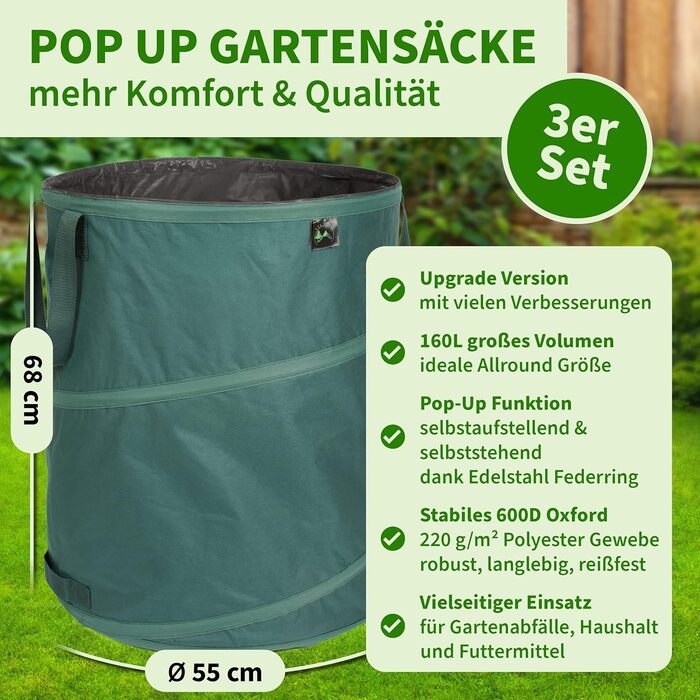 TTL Garden Набір з 3 садових мішків для сміття 160 л, преміум, саморозкладні, посилений 600D Oxford, 220 г/м², для листя, гілок, садового сміття
