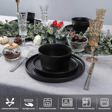 Набір посуду Homikit на 6 осіб: тарілки, миски, десертні тарілки, реактивна глазур, чорний колір, 18 шт.