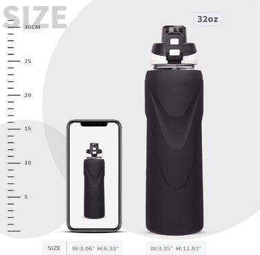 1 liter / 1l Drinking Bottle Glass with Straw, BPA-Free Glass Bottle with Silicone Sleeve, Borosilicate Glass Water Bottle (Deep Black)