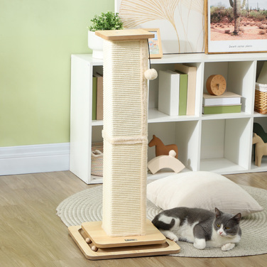 PawHut 3-in-1 Scratching Post, 87cm Scratching Column, Sisal Cat Scratching Tree with Play Ball, Scratching Post for Cats, Cat Scratching Furniture, Indoor, Oak | Aosom