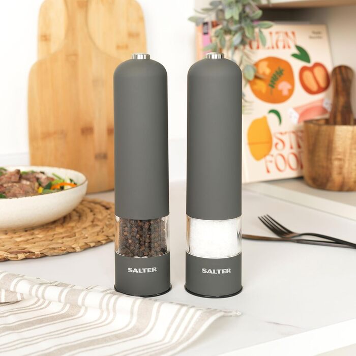 Набір електричних мельниць для солі та перцю Salter – зручне управління однією рукою, керамічний млин, регульований ступінь помелу, м'яке покриття, підсвічений цоколь (Cosmos Grey)
