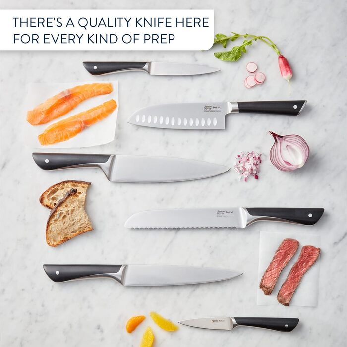 Набір кухонних ножів Jamie Oliver by Tefal (5 предметів) + блок: шеф-ніж, сантоку, ніж для хліба, універсальний ніж, ніж для овочів, сталь, акація, коричневий K267S556