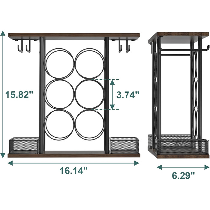VyGrow Wine Rack with 3 Tiers, Wood and Metal, Easy to Assemble, for 6 Bottles and 4 Glasses at Home, 16 x 41 x 40.2 cm
