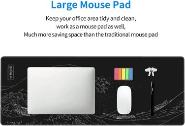 Килимок для миші для геймінгу, чорний, з принтом «Хвиля Канадзи», 80 x 30 см, з гумовою основою, водонепроникний, з прошитими краями