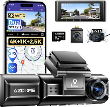 Відеореєстратор AZDOME M550 MAX 4K+ з двома камерами, WiFi, GPS, нічне бачення, паркувальний режим, 64GB SD, WDR, G-сенсор, 3.19”