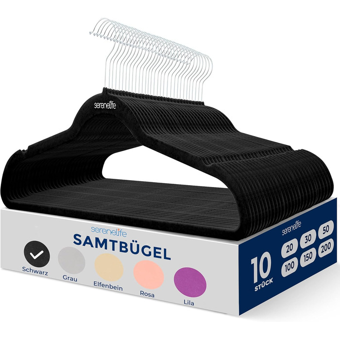 Серія з 10 вешалок SereneLife з оксамиту – економія місця, неслизькі, 360° обертання, для зберігання та організації одягу, чорний колір