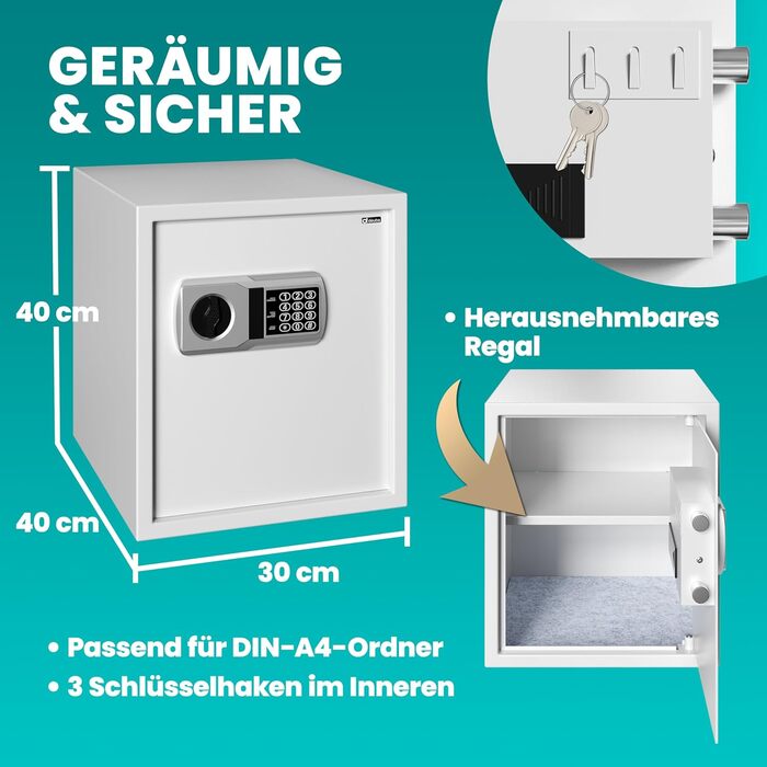 DEUBA® XXL електричний сейф 35x40x40 см, 4 мм, з подвійними сталевими болтами, внутрішнім освітленням, монтажним комплектом. Сейф для документів, меблевий сейф, срібний