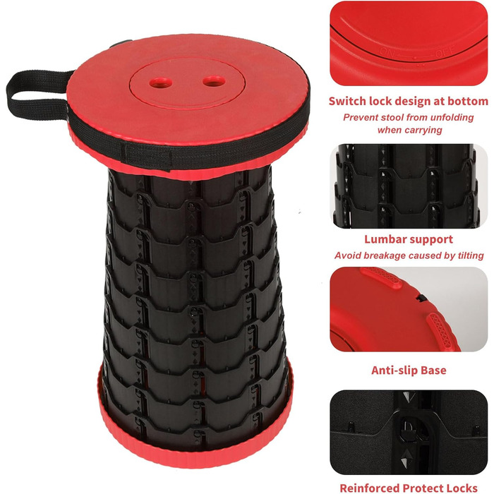 Крісло-телескоп для кемпінгу, регульована висота 6-45 см, вантажопідйомність 181 кг, портативне з ременем для перенесення (Червоний, 2 шт.)