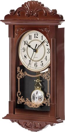 Clockwise Vintage Grandfather Wood-Look Plastic Pendulum Decorative Battery-Operated Wall Clock Brown for Office, Home Decor, Living Room, Kitchen or Dining Room, Brown