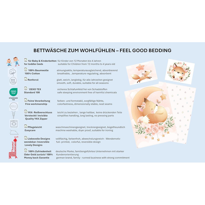 Комплект постільної білизни для дитячого ліжечка: комплект постільної білизни для малюків, постільна білизна для дитячого ліжечка 100x135 см та наволочка 40x60 см з бавовни, сертифікат Öko-Tex Standard, для хлопчиків та дівчаток (з принтом лисички)