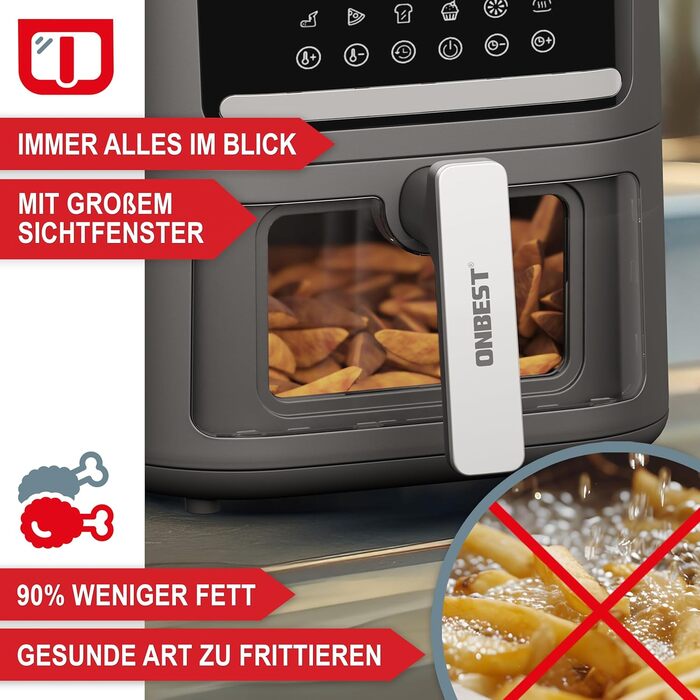 Фритюрниця ONBEST з великим оглядовим вікном та 12 програмами приготування – XL Airfryer об'ємом 6,5 л, 1600 Вт + 100 листів пергаментного паперу для випікання. Готування без олії для 2-5 осіб