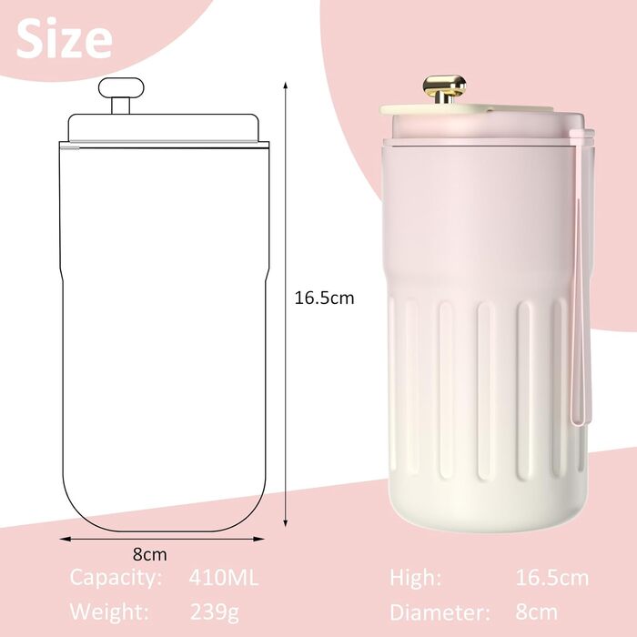 Термокружка для кави HomeAlexa з цифровим дисплеєм, 410 мл, нержавіюча сталь 316, ізольована, з кришкою, не протікає