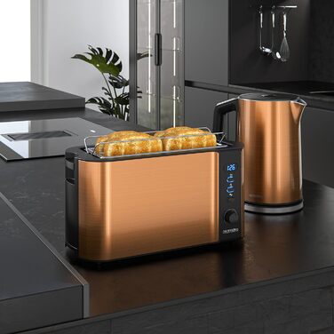 Набір чайник та тостер Arendo з нержавіючої сталі, колір мідний. Чайник: 1,5л, підтримка температури 40-100°C. Тостер: 4 тости, дисплей, 6 рівнів підсмажування, підставка для бургерів.