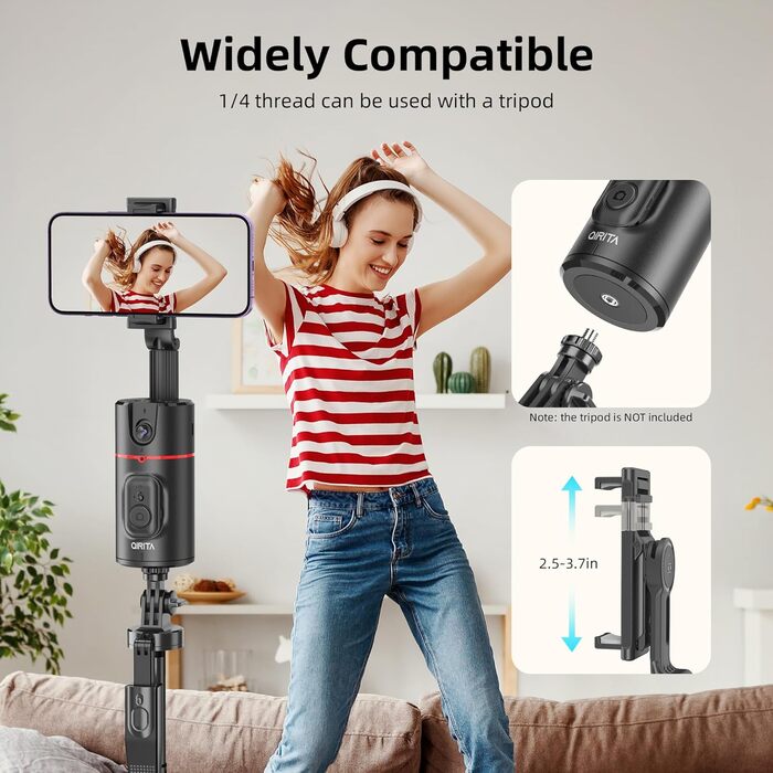 Автоматичне штатив для розпізнавання облич, без додатків, розумна підставка для телефону з пультом дистанційного керування, обертається на 360°, тримач для камери/смартфона, штатив для Vlogs/TikTok (Чорний з магнітом)