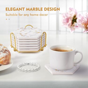 Marble-Style Coasters, Set of 6 - Drink Coasters for Wood Table With Metal Holder - Gold-Colored Ceramic Cup Set - Rustic Home Decor, Room Decor, Party (Luxury White Gold Marble 06)