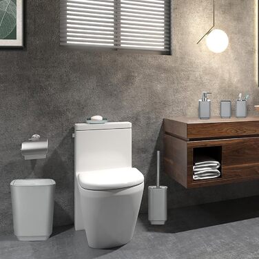 Сучасний набір для ванної кімнати на 6 предметів: мильниця, тримач для зубних щіток, дозатор мила, сміттєвий бак, стаканчик та WC-щітка з пластику та металу (сірий)