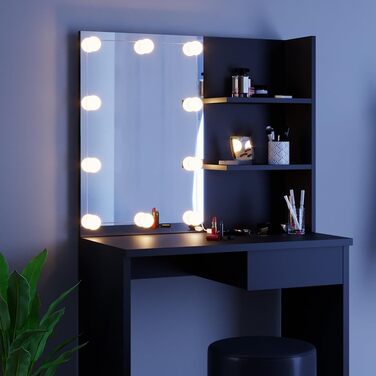Vicco Vanity Table Decor, Black, 75 cm with LED Lighting and Stool