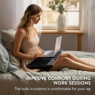 Підставка для ноутбука Navaris з пластику - для ліжка, дивана, планшета. 37,6x28x5,8 см. Підставка-подушка для ноутбука, 8 рівнів, з підкладкою для миші (Чорний)