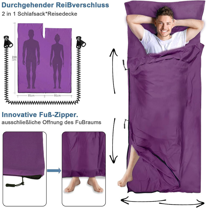 Спальний мішок туристичний 2в1 з мікрофібри, 220x95 см, для кемпінгу, хостелів та гірських притулків, зелений/фіолетовий