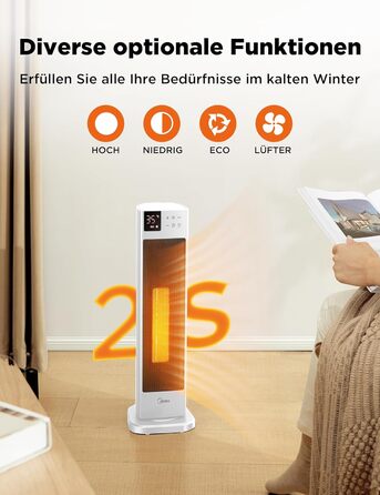 Керамічний обігрівач Midea NTH20-22ER(WH) – 2000 Вт, з термостатом, пульт ДУ, 75° осциляція, ECO-режим, для великих приміщень, білий