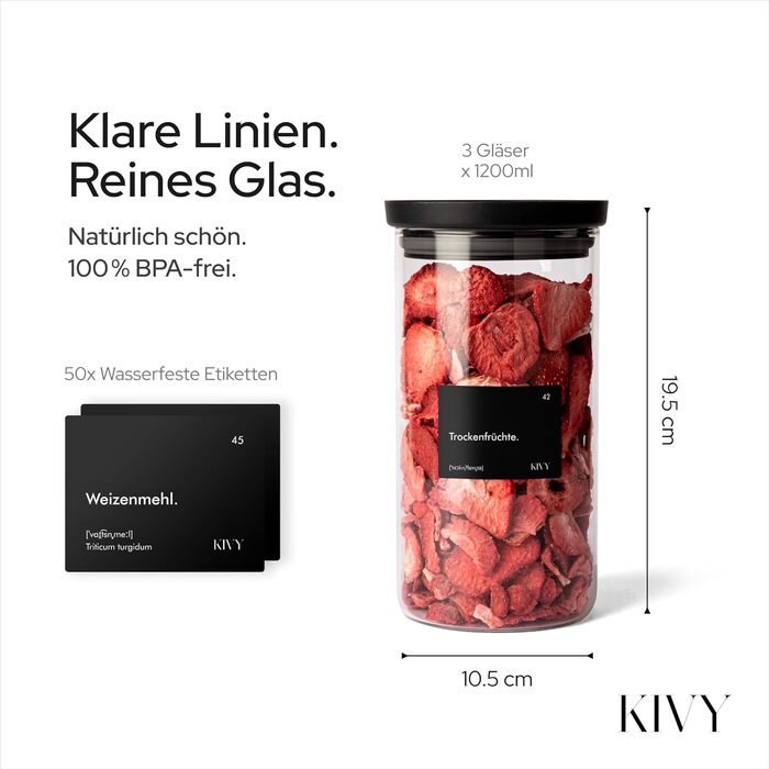 Банки для зберігання KIVY скляні з прозорою кришкою, 3 шт х 1.2л, герметичні, штабельовані