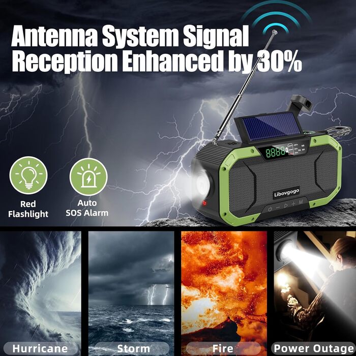 Радіо з ручним приводом та сонячною зарядкою - з акумулятором 5000mAh, радіо для екстрених ситуацій, IPX5 водостійке, AM/FM, портативне, динамо, кемпінг, на відкритому повітрі, ліхтарик, SOS, USB-C (зелене)