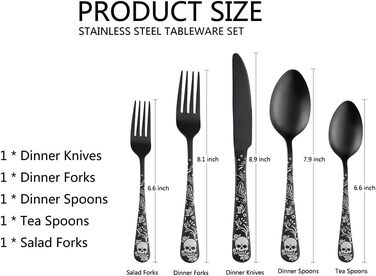 Набір столових приборів XIAOYU з черепами, готичний, з нержавіючої сталі на 4 особи. Хелловінський дизайн (5 предметів)