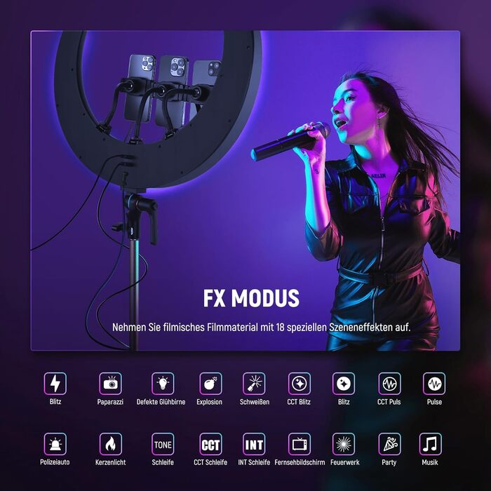 NEEWER Ringlicht RP19H 19 дюймів з триподом та 3 тримачами для телефону, RGB, 42W, CRI 97+, 2540 Lux, для стрімінгу, офісу, Zoom