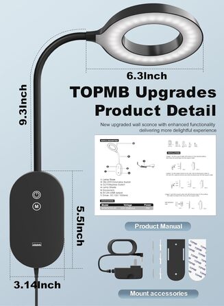 Світлодіодна настільна лампа для читання з USB, 10W, 4 режими кольору, димування, функція автовимкнення, чорна