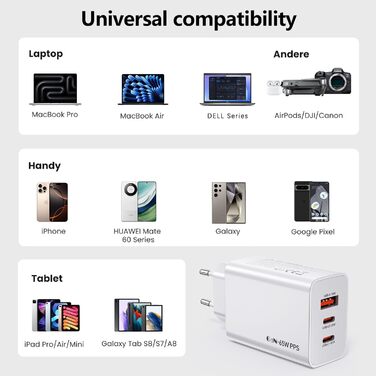 Зарядний пристрій USB-C 50W, 5 портів: 2 USB-C та 3 USB-A, Power Delivery 3.0, швидка зарядка для iPhone, Samsung, телефонів, планшетів - Бежевий