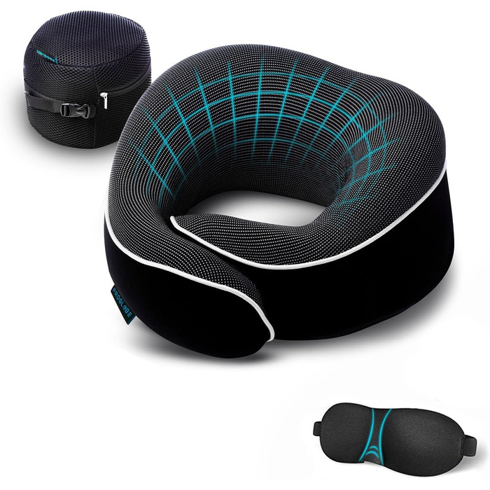 Proglobe Neck Pillow, Travel Pillow 100% Memory Foam, Orthopedic Neck Support, Ideal for Travel by Airplane, Car, Train, with 3D Sleep Mask, High-Quality Mesh Bag (Black)